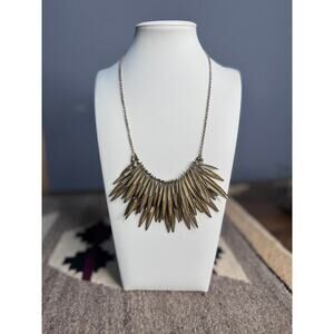 H&M Necklace Runway Gold Tone Layered Spikes Double Metal Chain Feather Boho